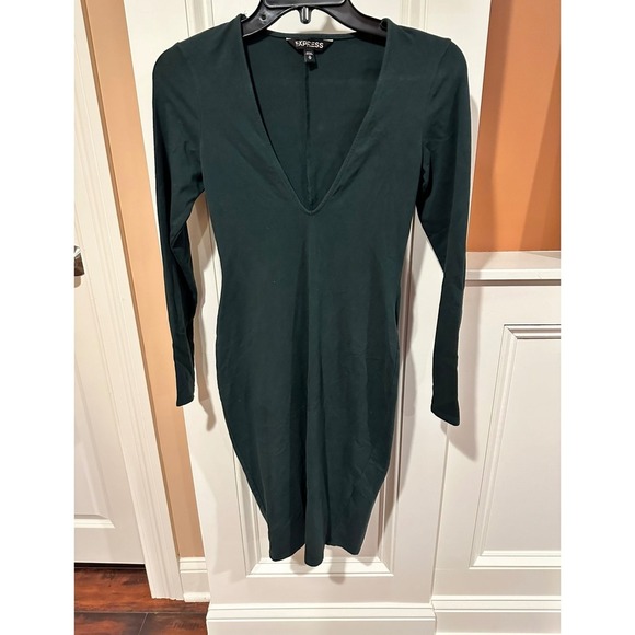 Express Bodycon Dress Long Sleeve green Plunge Neck Party Cocktail XS - Picture 1 of 6